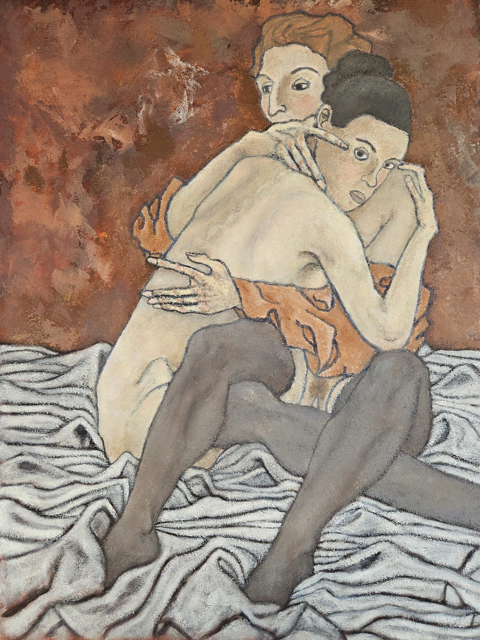 Exodus. Oil and cold wax on canvas, 102 × 76 cm, 2025 Exhibited at the group show “One Off”, Candid Arts Trust, London, 2025